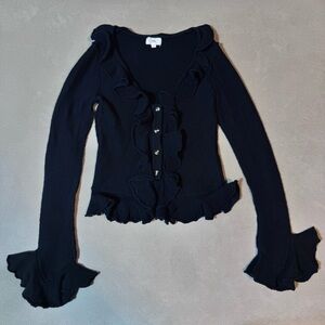 LPA Revolve Sweater Cardigan M Black Long Sleeve Ruffle Cotton Silk Button Front